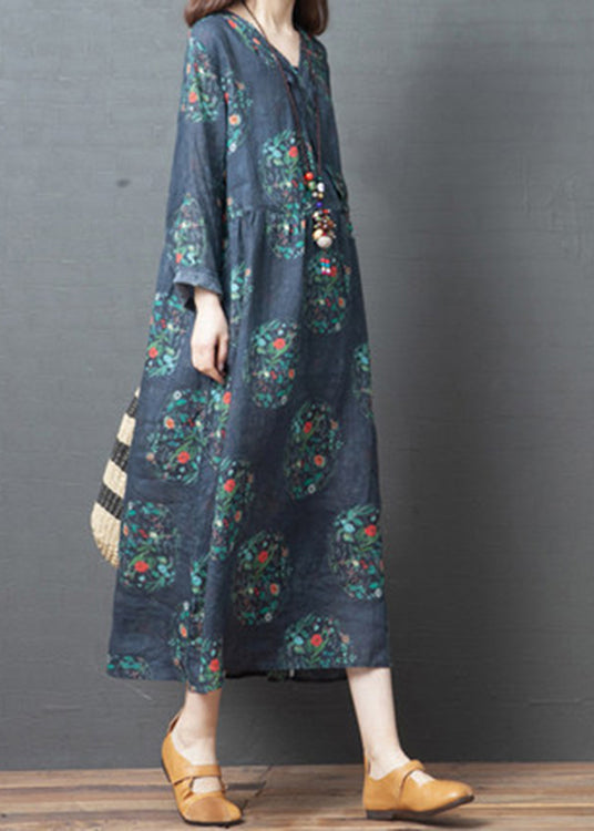 Vintage Dark Blue Print Linen Holiday Long Dress Spring