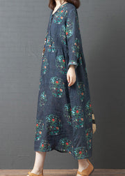 Vintage Dark Blue Print Linen Holiday Long Dress Spring