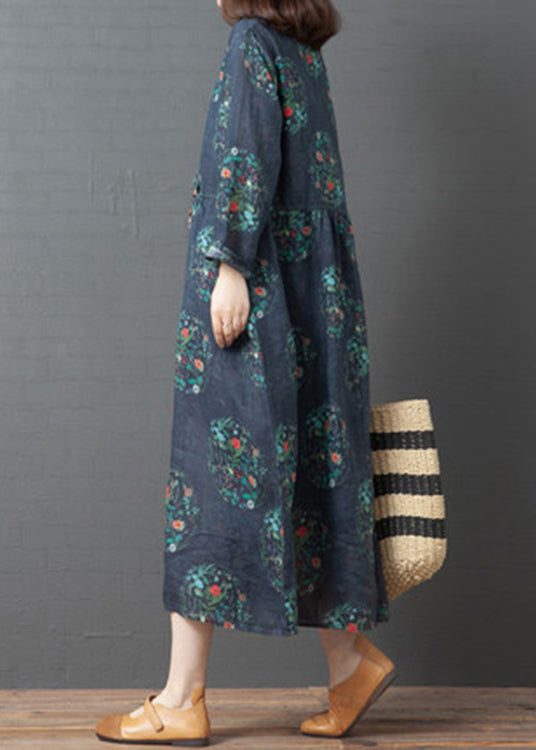 Vintage Dark Blue Print Linen Holiday Long Dress Spring