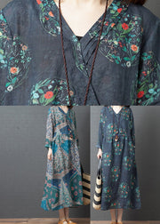 Vintage Dark Blue Print Linen Holiday Long Dress Spring