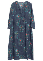 Vintage Dark Blue Print Linen Holiday Long Dress Spring