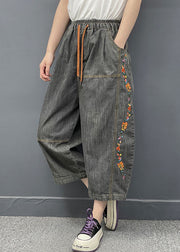 Vintage Dark Gray Embroidered Elastic Waist Denim Crop Pants Spring