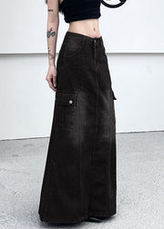 Vintage Dark Gray Pockets Side Open Denim Skirt Summer