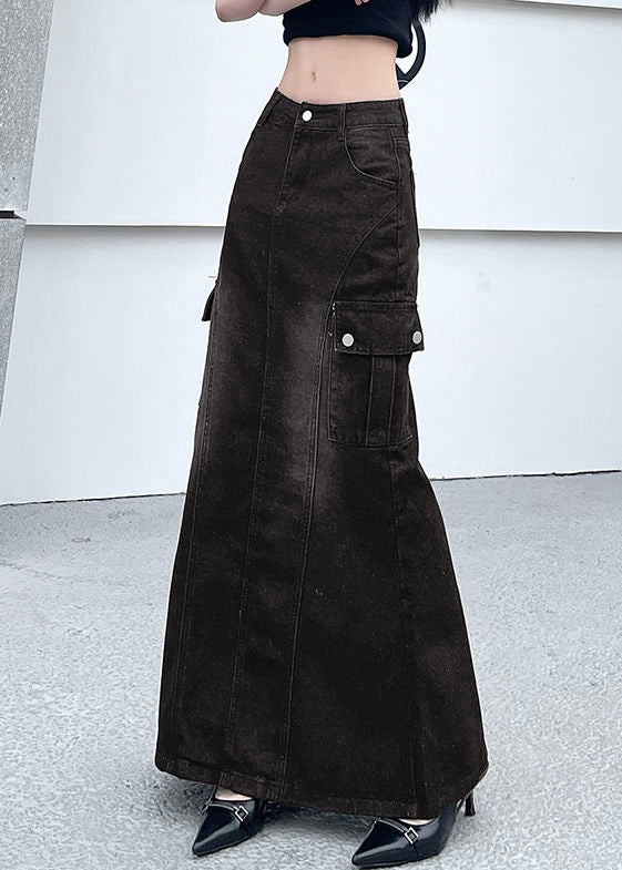 Vintage Dark Gray Pockets Side Open Denim Skirt Summer