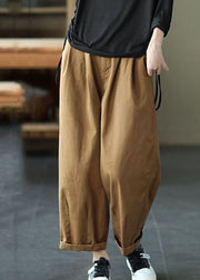 Vintage Dark Khaki Pockets Patchwork Cotton Pants Summer