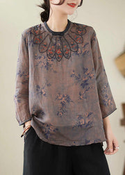 Vintage Dark Purple Embroideried Print Linen Tops Spring