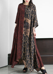 Vintage Dark Red O-Neck Asymmetrical Print Patchwork Silk Maxi Dress Half Sleeve