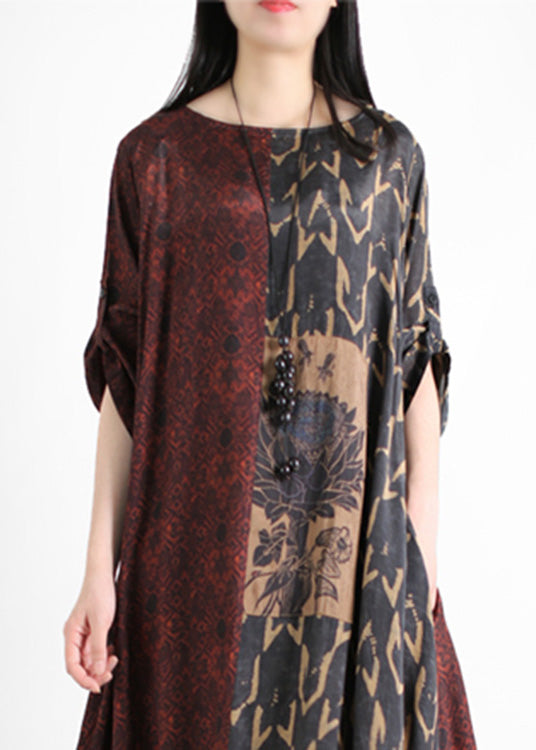 Vintage Dark Red O-Neck Asymmetrical Print Patchwork Silk Maxi Dress Half Sleeve