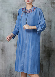 Vintage Denim Blue Embroidered Side Open Dresses Summer