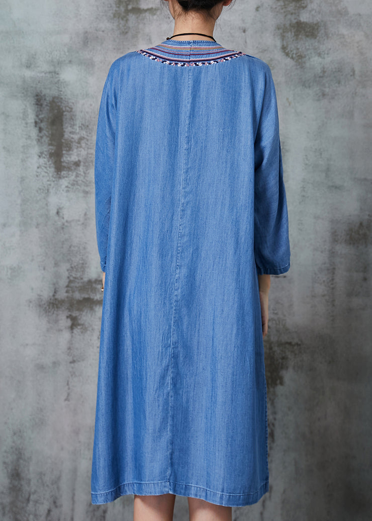 Vintage Denim Blue Embroidered Side Open Dresses Summer