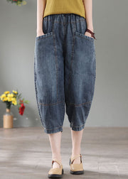 Vintage Denim Blue High Waist Pockets Cotton Crop Pants Summer