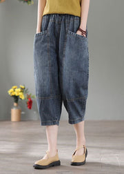 Vintage Denim Blue High Waist Pockets Cotton Crop Pants Summer