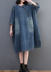 Vintage Denim Blue O-Neck Patchwork Button Long Dress Long Sleeve