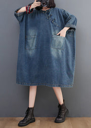 Vintage Denim Blue O-Neck Patchwork Button Long Dress Long Sleeve