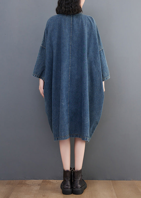 Vintage Denim Blue O-Neck Patchwork Button Long Dress Long Sleeve