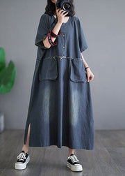 Vintage Denim Blue Patchwork Side Open Button Maxi Dresses Short Sleeve