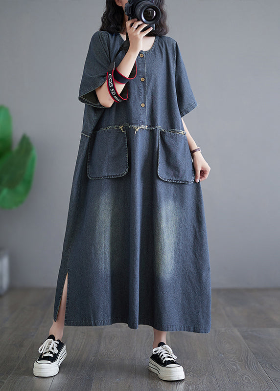 Vintage Denim Blue Patchwork Side Open Button Maxi Dresses Short Sleeve