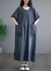 Vintage Denim Blue Patchwork Side Open Button Maxi Dresses Short Sleeve