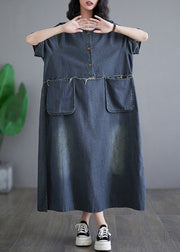 Vintage Denim Blue Patchwork Side Open Button Maxi Dresses Short Sleeve