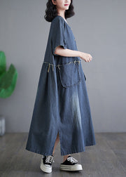 Vintage Denim Blue Patchwork Side Open Button Maxi Dresses Short Sleeve