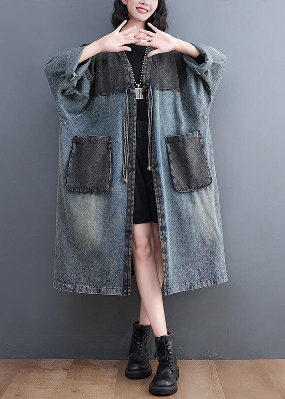 Vintage Denim Blue V Neck Patchwork Trench Coat Spring