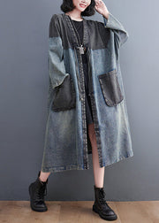 Vintage Denim Blue V Neck Patchwork Trench Coat Spring