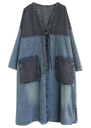 Vintage Denim Blue V Neck Patchwork Trench Coat Spring