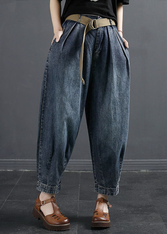 Vintage Denim Navy Pockets Patchwork High Waist Lantern Pants Fall