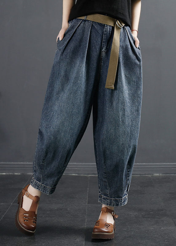 Vintage Denim Navy Pockets Patchwork High Waist Lantern Pants Fall