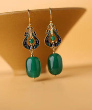 Vintage Design Green Jade Silver Drop Earrings