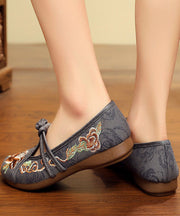 Vintage Embroideried Flat Shoes For Women Grey Cotton Fabric Chinese Button