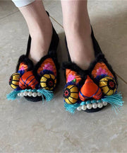 Vintage Embroideried Splicing Flat Feet Shoes Black Cotton Fabric