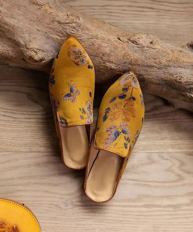 Vintage Floral Chunky Yellow Sheepskin Pointed Toe Slide Sandals