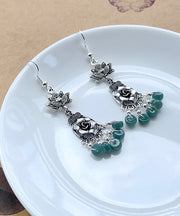 Vintage Floral Jade Tassel Patchwork Silver Drop Earrings