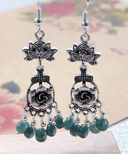 Vintage Floral Jade Tassel Patchwork Silver Drop Earrings