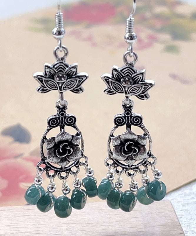 Vintage Floral Jade Tassel Patchwork Silver Drop Earrings