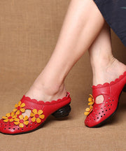 Vintage Floral Splicing Red Cowhide Leather Slide Sandals