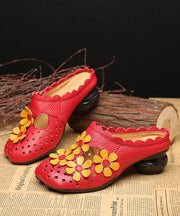 Vintage Floral Splicing Red Cowhide Leather Slide Sandals