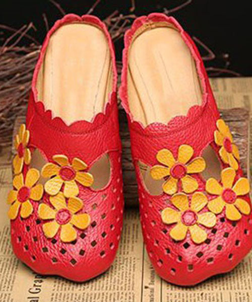 Vintage Floral Splicing Red Cowhide Leather Slide Sandals