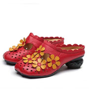 Vintage Floral Splicing Red Cowhide Leather Slide Sandals