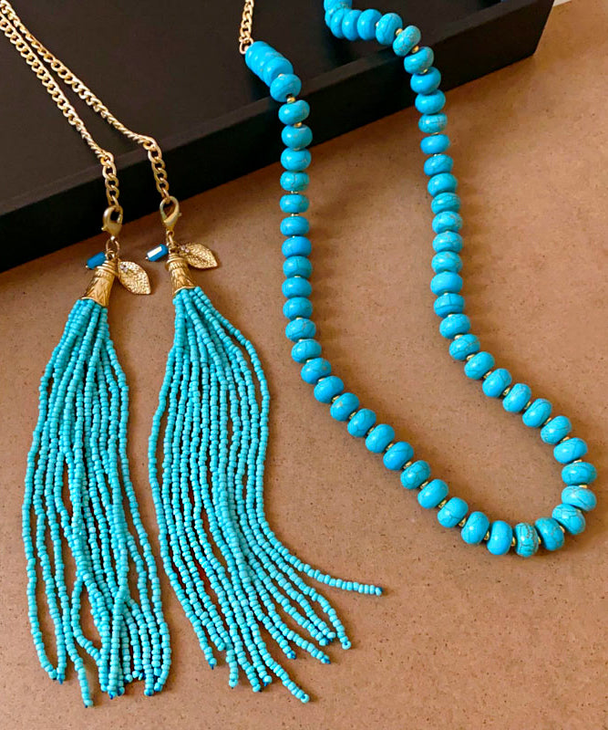 Vintage Gold Alloy Turquoise Beading Tassel Gratuated Bead Necklace