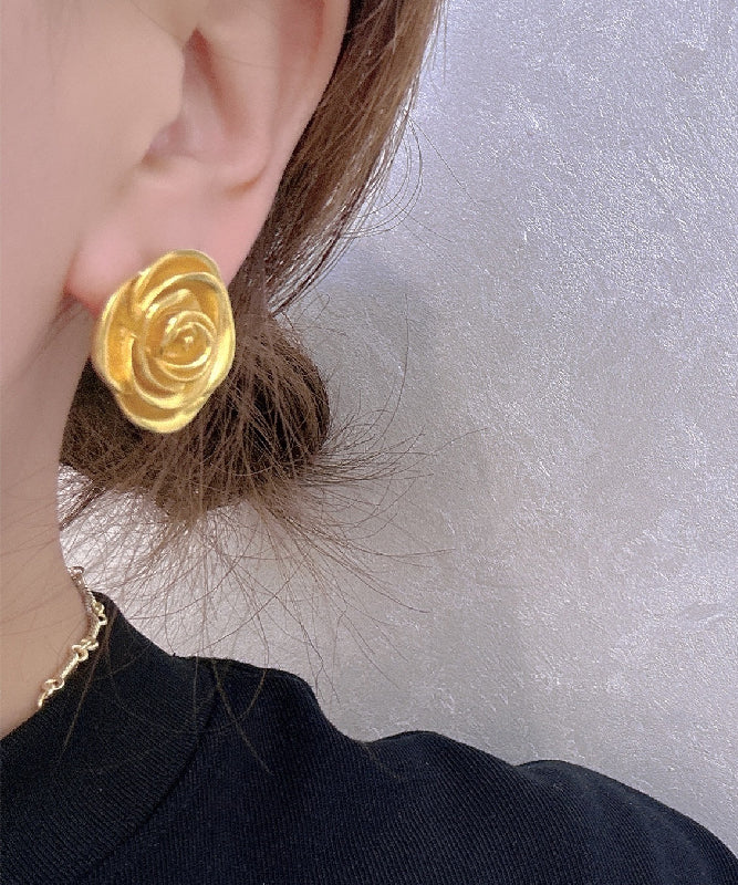 Vintage Gold Metal Rose Stud Earrings