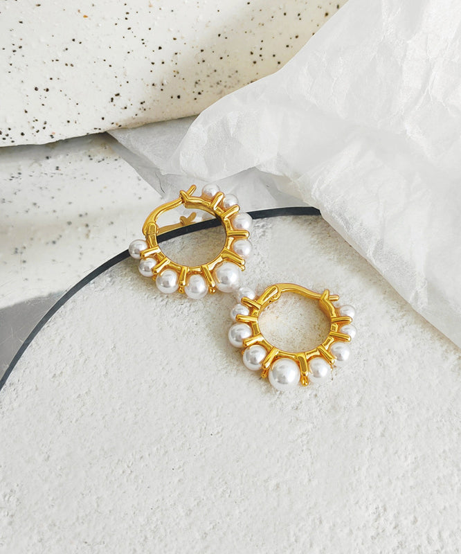 Vintage Gold Patchwork Copper Pearl Hoop Earrings