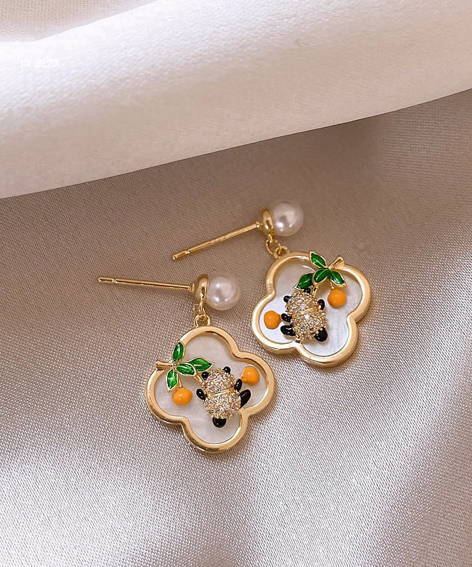 Vintage Gold Sterling Silver Alloy Panda Pearl Stud Earrings