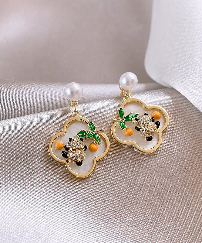 Vintage Gold Sterling Silver Alloy Panda Pearl Stud Earrings