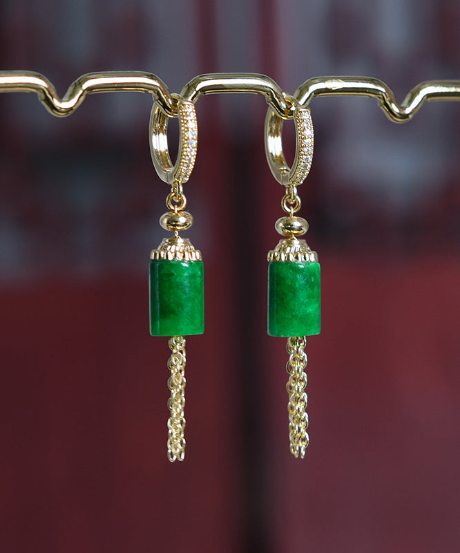 Vintage Gold Sterling Silver Overgild Inlaid Jade Tassel Drop Earrings