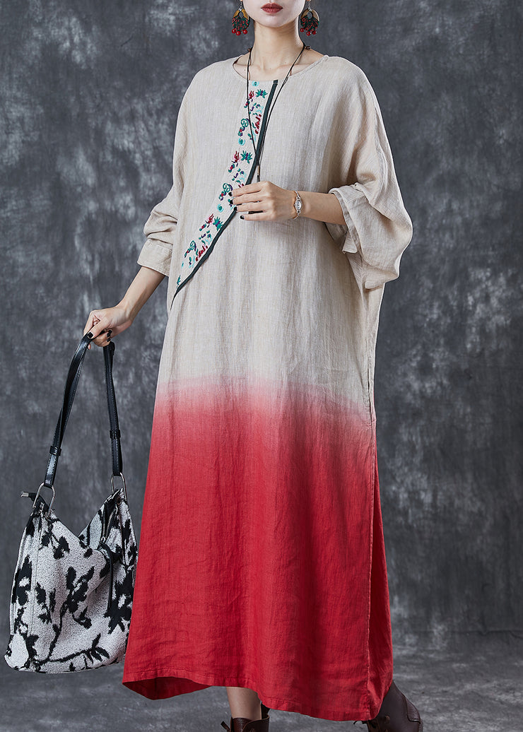 Vintage Gradient Color Embroidered Linen Ankle Dress Spring