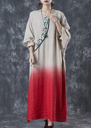 Vintage Gradient Color Embroidered Linen Ankle Dress Spring