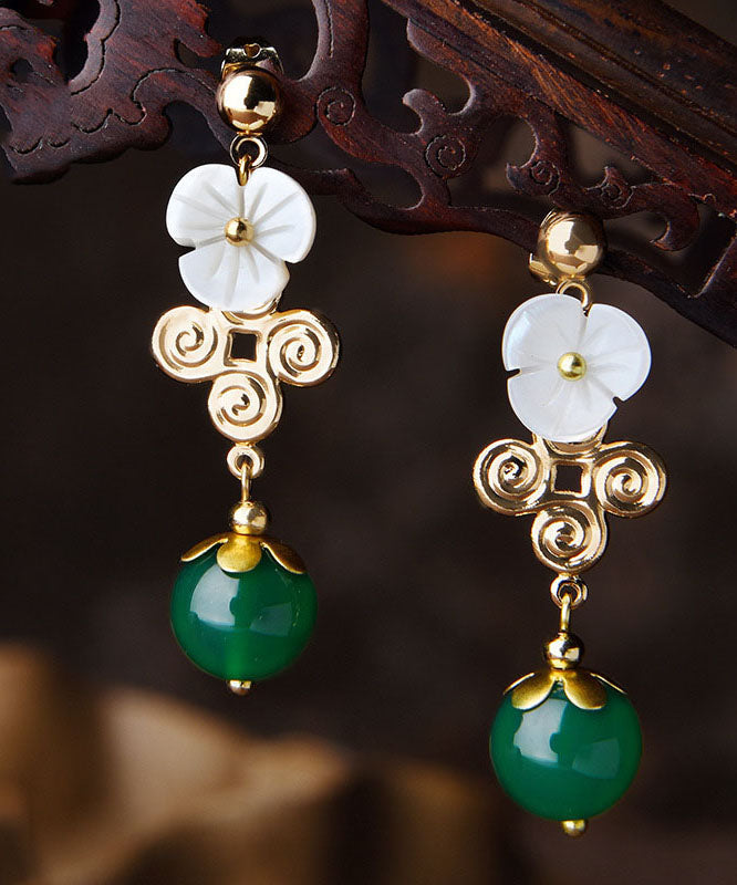 Vintage Green Agate White Shellfish Flower14K Gold Drop Earrings