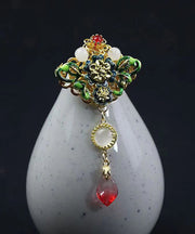 Vintage Green Alloy Cloisonne Gem Stone Floral Brooches